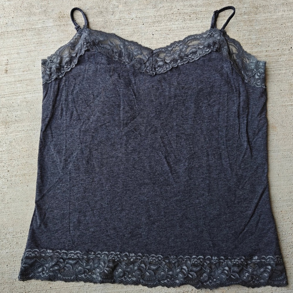Lace Trim Cami Womens Large Charcoal Gray Layering Cotton Blend Y2k Whimsy‎ EUC